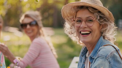 Fototapeta premium A happy woman with her friends in the park