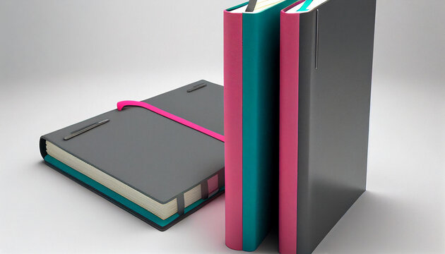 long vertical grey notebooks, ring binders with elastic band closure in two colors (pink and teal) and open, great for check, to-do lists, shopping lists, notes white background, Ai generated image