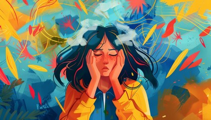 Illustration of a woman with a worried expression, holding her head in her hands, depicting tiredness, depression, headache, anxiety