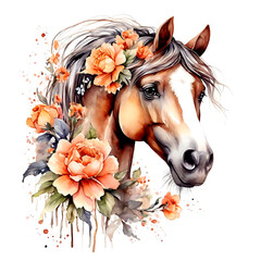 A painting of a horse with flowers around it.