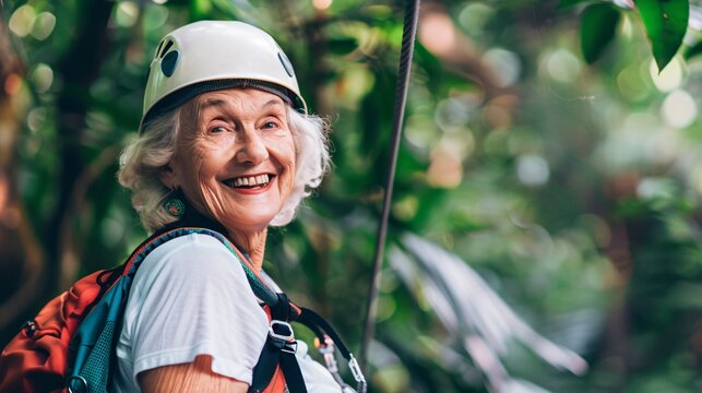 Senior woman chuckling while enjoying a fun-filled day of zip-lining through the lush rainforest canopy