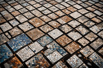 A close-up of a mosaic sidewalk, where individual tiles are chipped and displaced, creating an abstract pattern that embodies the perfect imperfection of urban decay.