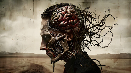 A surreal portrait with an anatomical cutaway of a head exposing the brain, intertwined with tree branches, depicting thought and nature's connection.
 - obrazy, fototapety, plakaty