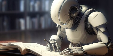 minimalistic design AI android robot writing text in book