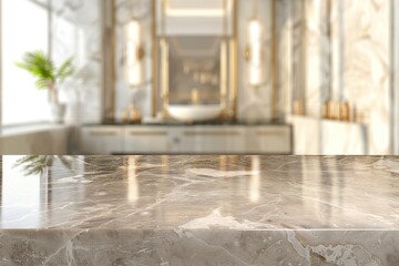 Empty marble table with blurred bathroom interior Background. for product display presentation