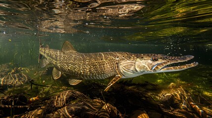 Alligator Gar in Its Natural Habitat: Formidable Fish Among Southern Swamp Waters