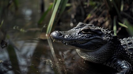 Fototapeta premium Alligator in Its Natural Habitat: Primeval Predator Amidst Southern Wetlands