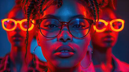 Intense portrait of a woman with vibrant red and blue lighting and glasses, flanked by two others. - obrazy, fototapety, plakaty
