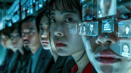 People's profiles with digital interface overlays indicating futuristic technology.