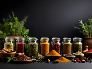 Wide variety spices and herbs on background of black table
