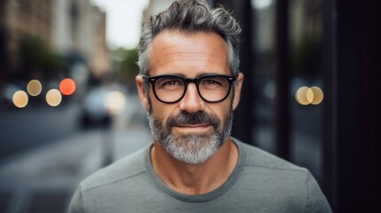 Portrait of a charming confident smart strong man, a middle-aged businessman wearing fashionable glasses and looking at the camera against the background of a city street. - obrazy, fototapety, plakaty