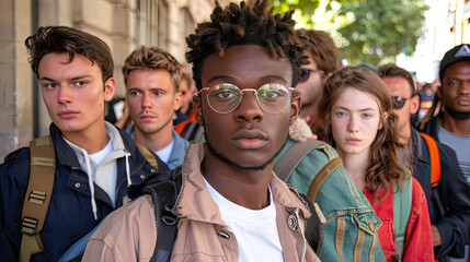 A young African man with glasses stands out in a crowd of people on a busy street.
