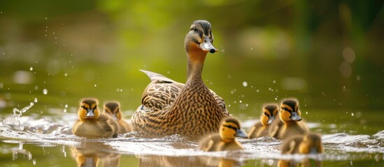 A mother duck is swimming alongside her ducklings in the water, creating a heartwarming scene of family unity and survival. - obrazy, fototapety, plakaty