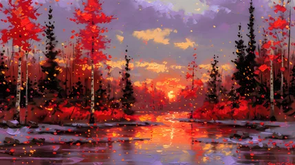 Gardinen Digital painting of a serene autumnal forest with vibrant foliage reflected in a tranquil lake.  © Kolapatha