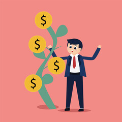 Vector illustration of a businessperson and dollar coin growing on a tree, depicting business growth or investment growth