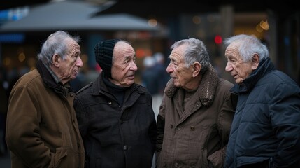 Four elderly men conversing on a busy city sidewalk. - obrazy, fototapety, plakaty
