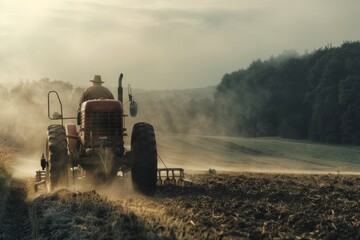A farmer is using a vintage tractor to plow a field, kicking up clouds of dust in the process. The tractors wheels are churning the soil as it moves steadily across the land