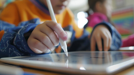 A close up of a student using a stylus on a digital tablet to solve a math problem with the tablet displaying an interactive math