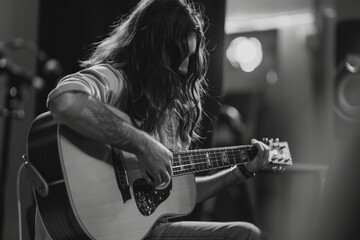 A man with long hair is skillfully playing a guitar, focusing on intricate fingerstyle...