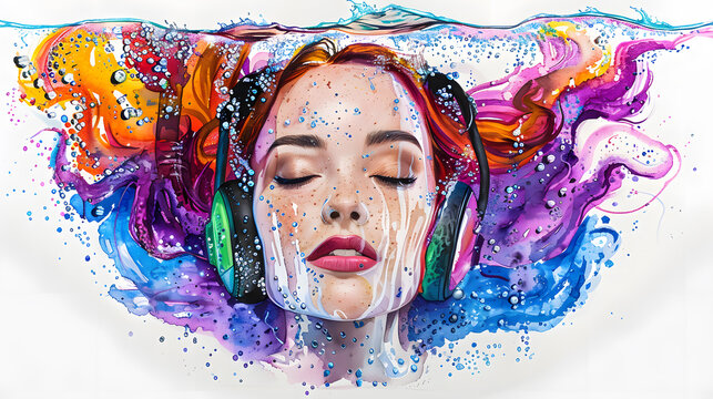 A serene woman immersed in music with headphones, surrounded by a vibrant splash of watercolor-like paint waves.
