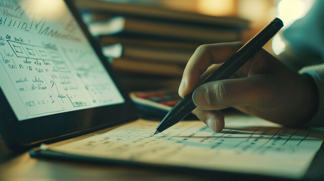 A close up of a students hands solving a complex algebraic equation on a smart tablet with the digital pen swiftly moving across the