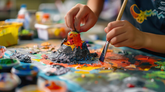 A close up of a students hands assembling a model volcano for a science project with the table scattered with paint brushes and papier mch
