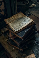 Obraz premium A collection of books piled neatly on a sturdy wooden table. Each book varying in size and color, creating a visually appealing arrangement