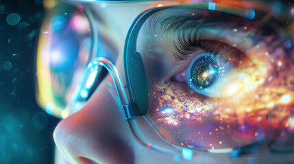 A close up on the eyes of a researcher wearing virtual reality goggles analyzing 3D models of...
