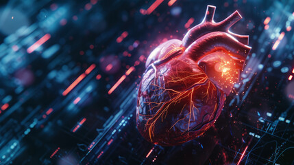 A close up view of a digital heart interfaced with AI technology showcasing the seamless blend of biology and machine learning The heart pulses with glowing data - obrazy, fototapety, plakaty
