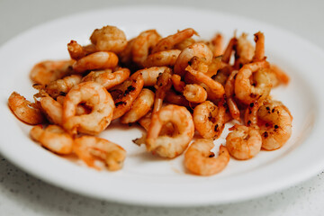Delicious shrimp and mussels. Seafood on a white plate