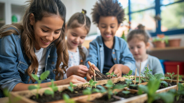 A teacher showing a small group of children how to plant seeds in a garden box, teaching them about the cycle of life, kindergarten, with copy space