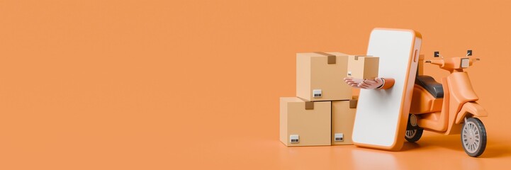 3d Courier motor delivers a parcel handholding phone delivery transportation logistics concept isolated on orange background. Online Shop with delivery concept. Minimal Cartoon icon design. 3d render. - obrazy, fototapety, plakaty