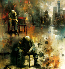 Reflective Solitude Amidst Urban Decay A painting of a solitary figure deep in thought, seated against a backdrop of a decaying and overgrown cityscape.
