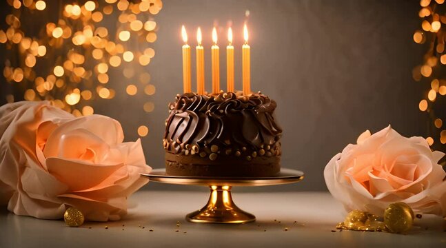 Chocolate birthday cake on black background with number ninety golden candles Birthday cake for 90 years anniversary Slow Motion