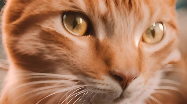 Ginger cat blinks and licks its lips close-up selective focus Slow motion