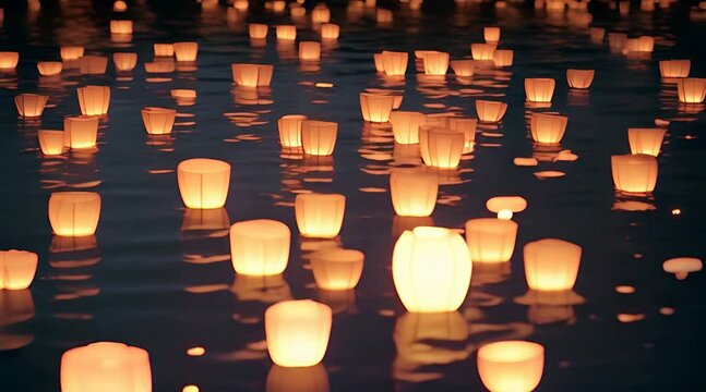 Paper lanterns float on dark water Traditional Floating Lantern Festival Memorial Day loop
