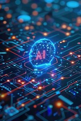 Fototapeta premium Artificial intelligence symbol within a neural network on a circuit board.