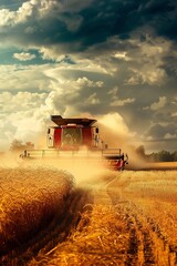 Obraz premium A red combine truck is actively driving through a lush wheat field. The vibrant vehicle is harvesting the ripe wheat, creating a dynamic scene amidst the agricultural landscape