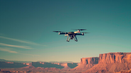 Fototapeta na wymiar Modern Quadcopter Drone with High-Definition Camera Flying Against Clear Blue Sky 