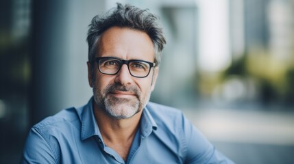 A close-up portrait of a smiling, intelligent, mature, middle-aged man, a businessman wearing fashionable glasses and looking at the camera on the street from a copy space. - obrazy, fototapety, plakaty