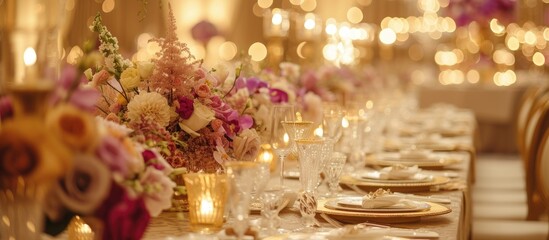 An exquisitely set long table at an elegant wedding, adorned with a beautiful vase of flowers as the centerpiece.