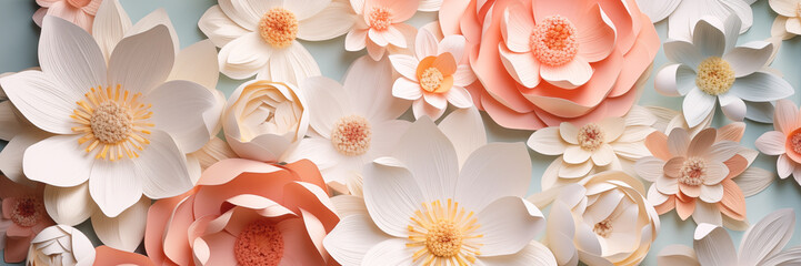 Elegant paper floral background banner in neutral tones. Panoramic web header. Wide screen wallpaper