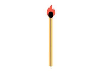 Hand drawn cute cartoon illustration of burning match. Flat vector outdoor fire equipment sticker in colored doodle style. Wooden stick in flame icon. Mental burnout. New idea or startup. Isolated.