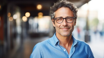 A close-up portrait of a smiling smart mature middle-aged man, a businessman wearing fashionable glasses and looking at the camera on a street background with a copy space. - Powered by Adobe