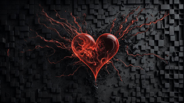 Изображение 3д красного светящегося сердца на темном кубическом фон