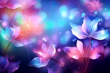 Translucent flowers in vibrant pink and blue colors with dreamy bokeh