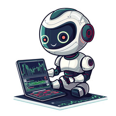 robot trader working on laptop. Artificial intelligence concept. Vector illustration.