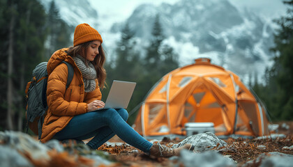 Girl Working on Laptop in Nature While Camping: Concept of Office in the Wild