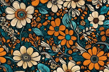 Wandcirkels aluminium Zoomed-in on a section of a groovy 60s-inspired floral print on a fabric, highlighting its intricate and bold design. © RUK Collections