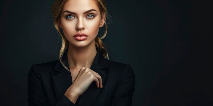 Charming sensual boss female studio photo with copyspace, big beautiful eyes, tender lips, half body photo, professional studio shoot